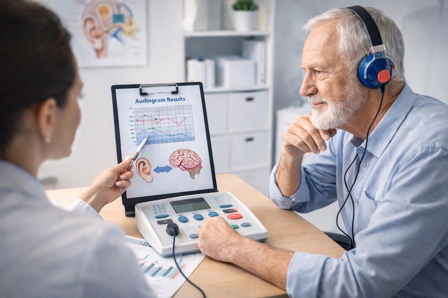 Äldre person genomför hörseltest och reflekterar över kognitiv hälsa – senior sitter med audiometer och hörlurar medan terapeuten visar resultat, med fokus på kopplingen mellan hörsel och hjärnhälsa.